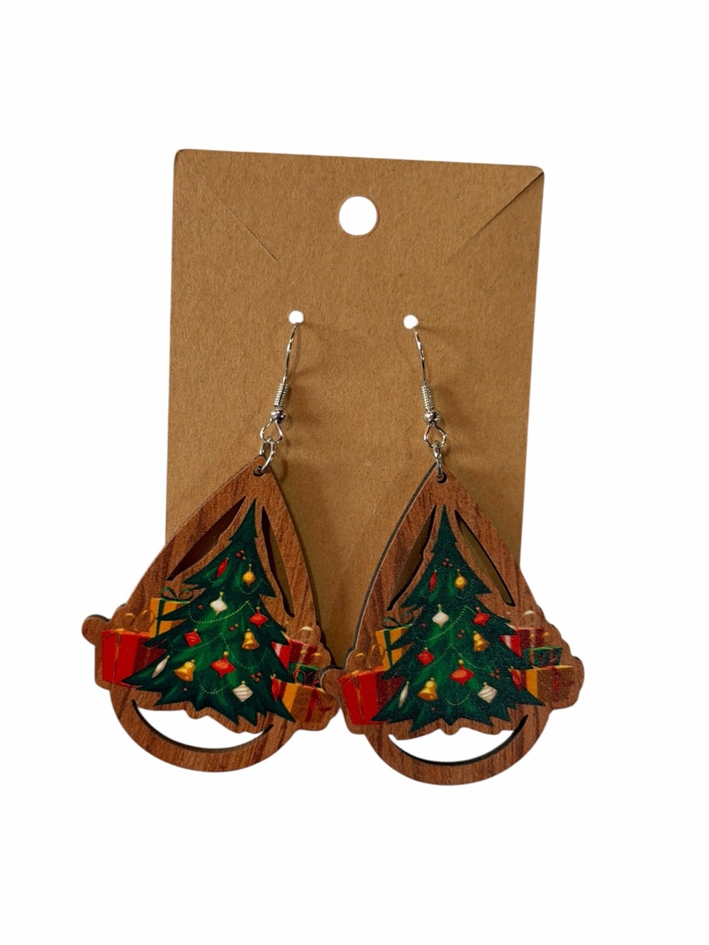 Holiday Wooden Christmas Tree Drop Earrings - Green